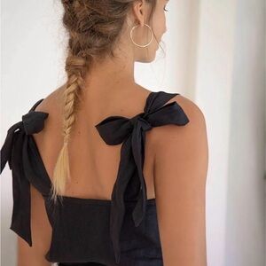 Stella Linen Black Bow Tie-Shoulder Top by Hazel & Folk Australia